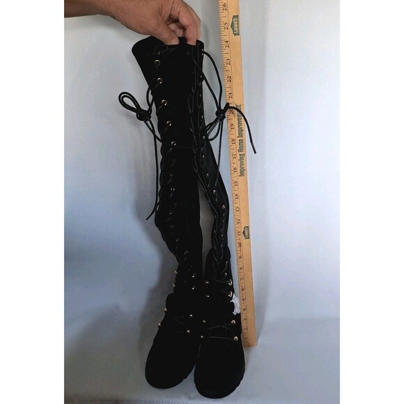 JustFab Phyllida Flat Black Over the Knee Lace Up Boots Women's Size 7 NEW NIB - Picture 4 of 10